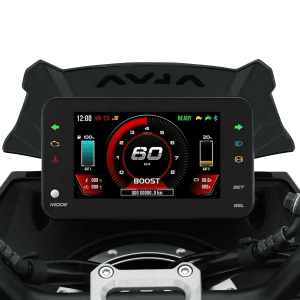 anel instrumen full digital yang menampilkan berbagai informasi kendaraan secara lengkap melalui layar TFT LCD berwarna. Panel ini menampilkan kecepatan, odometer, indikator baterai, serta berbagai informasi kendaraan