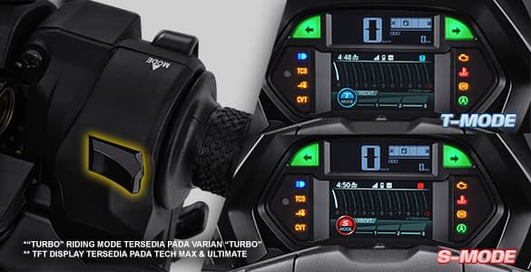 Dilengkapi 2 mode berkendara: - T Mode : Town Commuting (untuk penggunaan saat berkendara di perkotaan) - S Mode : Sport Touring (untuk penggunaan saat berkendara yang membutuhkan akselerasi lebih seperti saat perjalanan keluar kota).