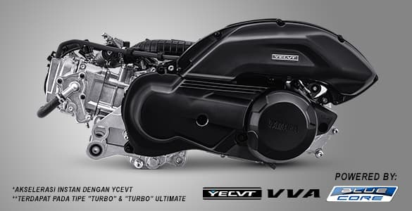 Mesin Blue Core 155 cc generasi terbaru yang disempurnakan ditambah dengan teknologi Yamaha Electric CVT (YECVT) yang mampu memberikan berkendara dengan sensasi TURBO.