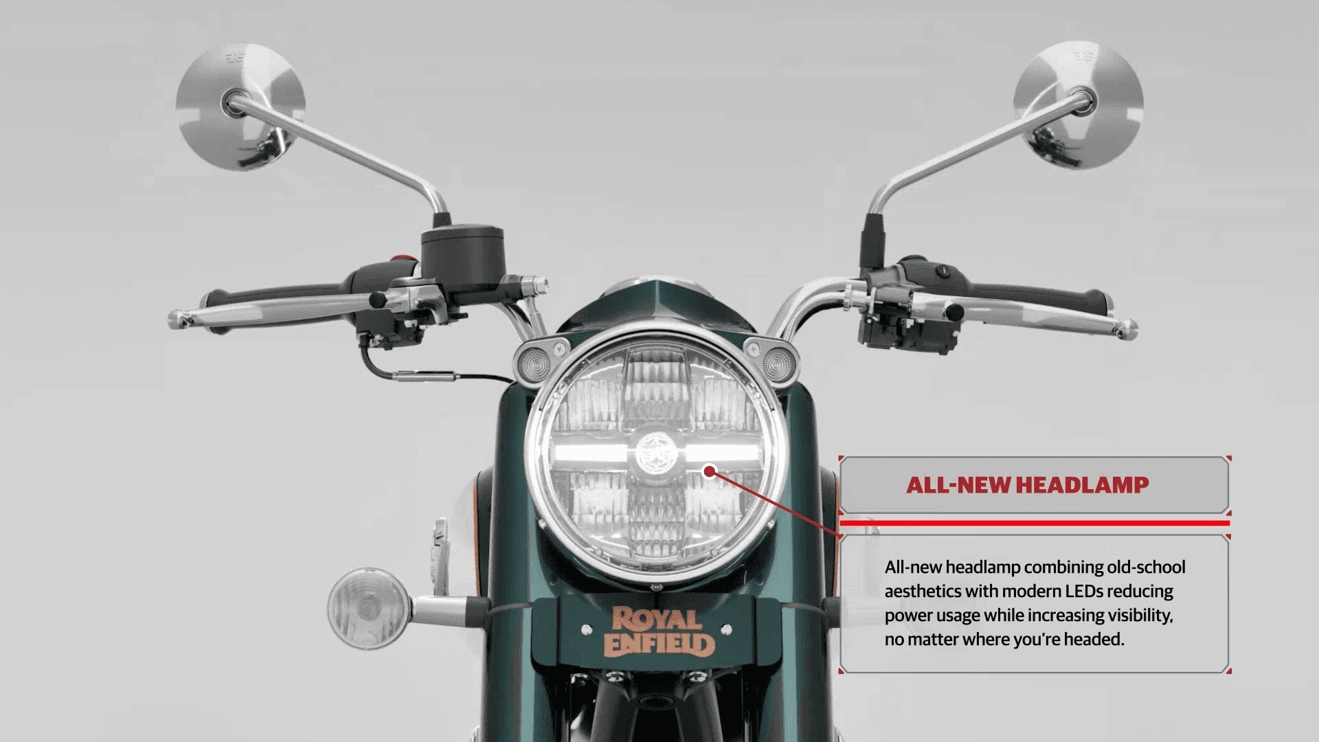 All-new headlamp combining old-school aesthetics with modern LEDs reducing power usage while increasing visibility, no matter where you're headed.