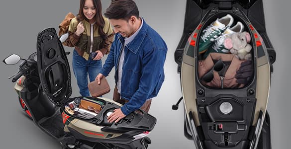 Bagasi 18.6 liter, muat helm dan barang lainnya, paling besar di kelasnya, super praktis.